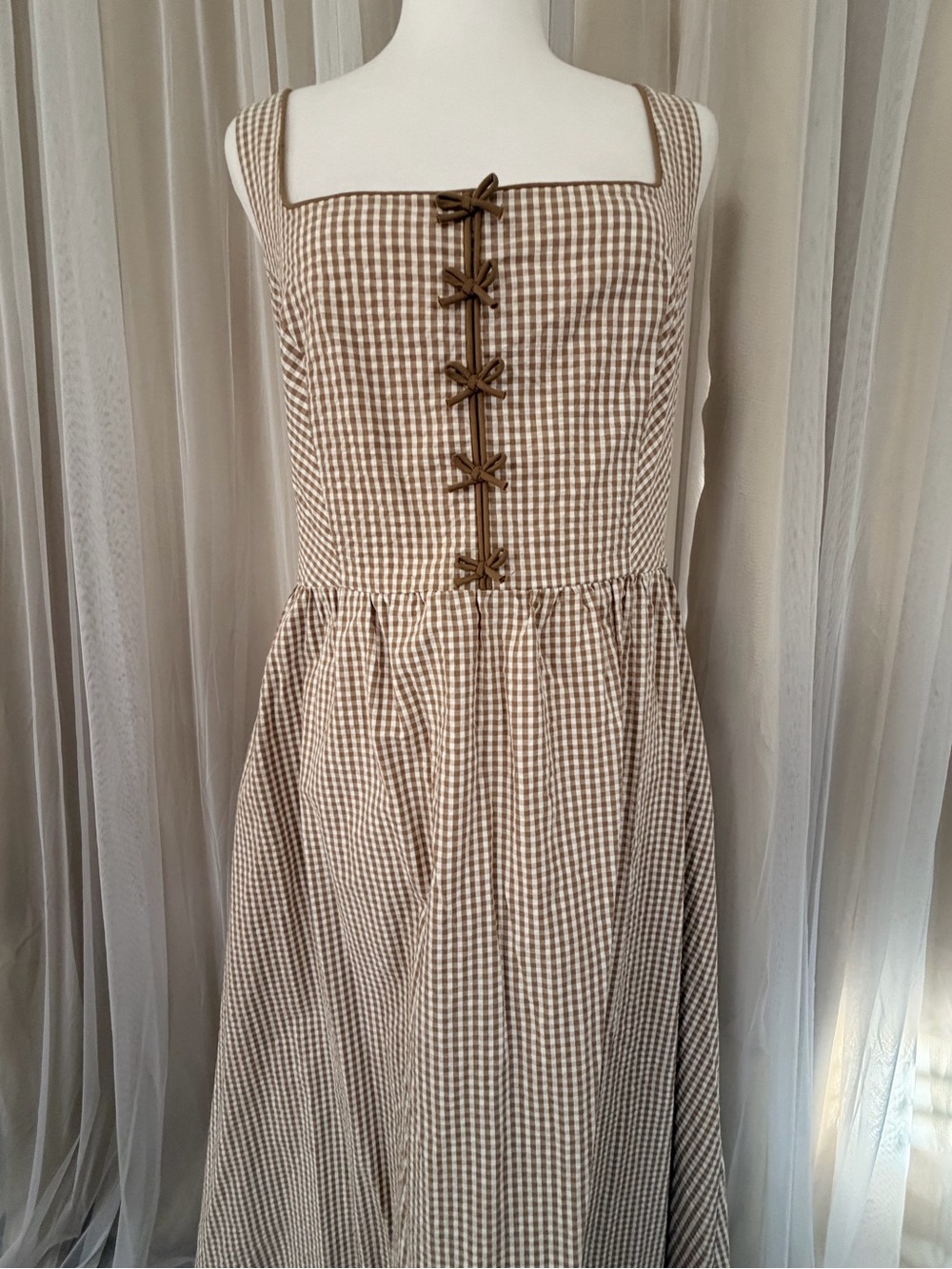 Caroline Constas Brown and Cream Gingham Sleeveless Midi Dress